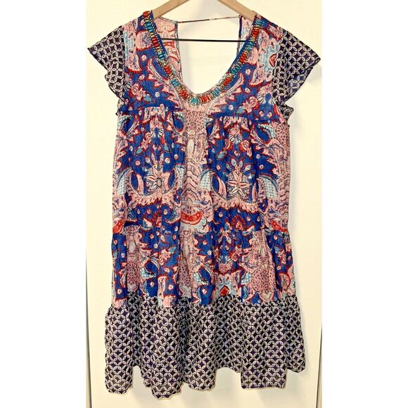 Rene Derhy Women Medium Beaded Paisley Handkerchief Dress Blue Bohemian Open‎ Bk - Picture 1 of 9